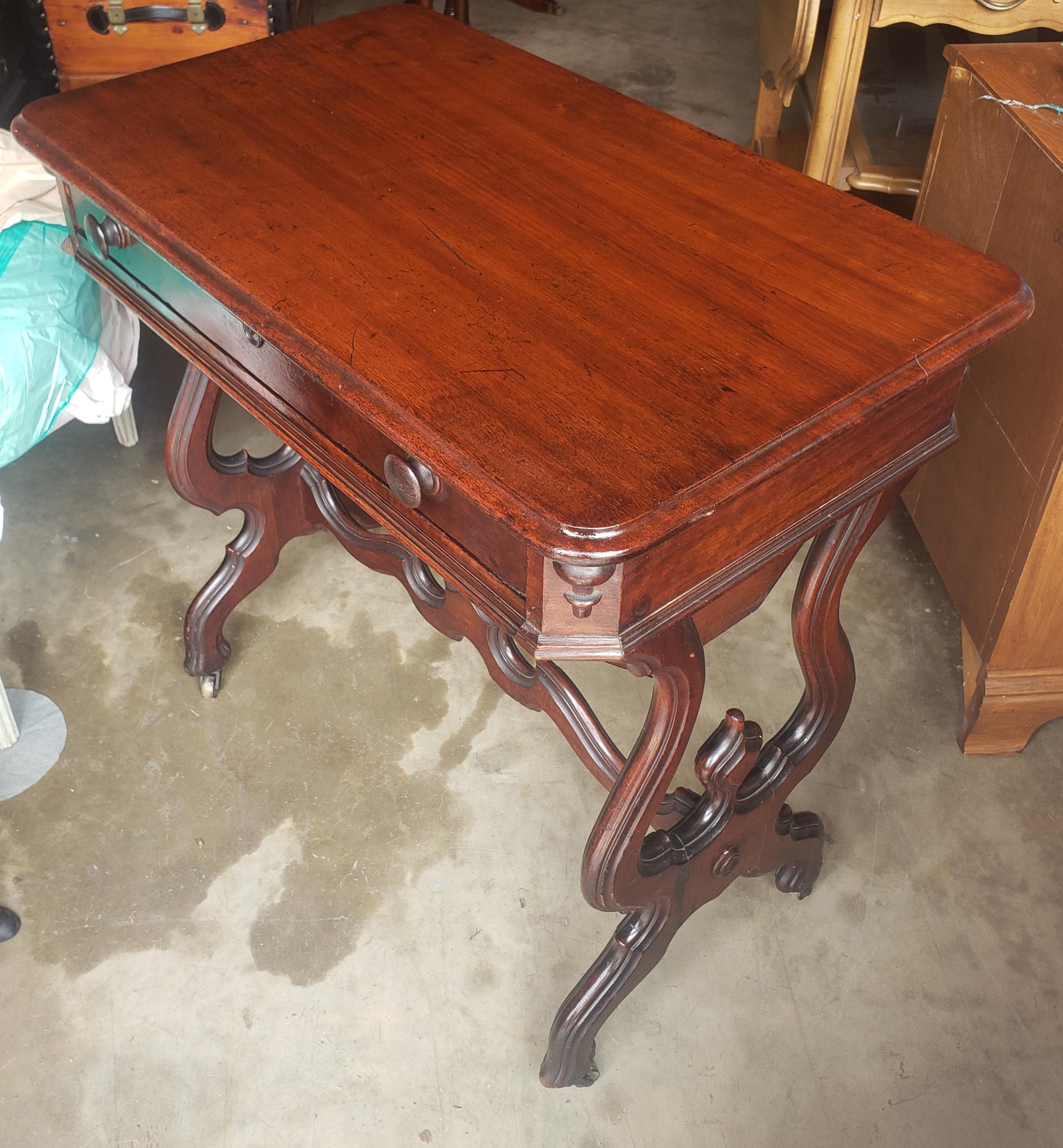 19th Century Victorian Rococo Style Carved Mahogany Rolling Sewing Table For Sale 8