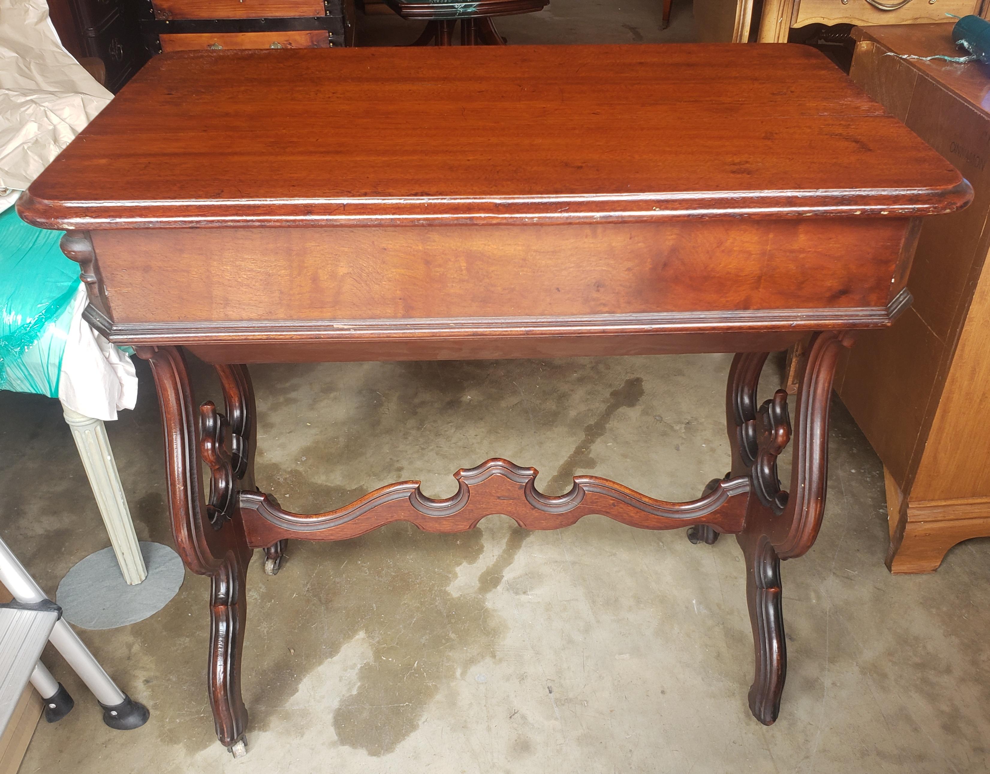 19th Century Victorian Rococo Style Carved Mahogany Rolling Sewing Table For Sale 9