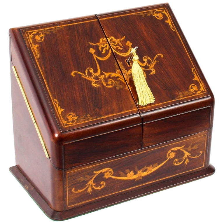 19th Century Victorian Rosewood and Mahogany Writing Stationery Box at