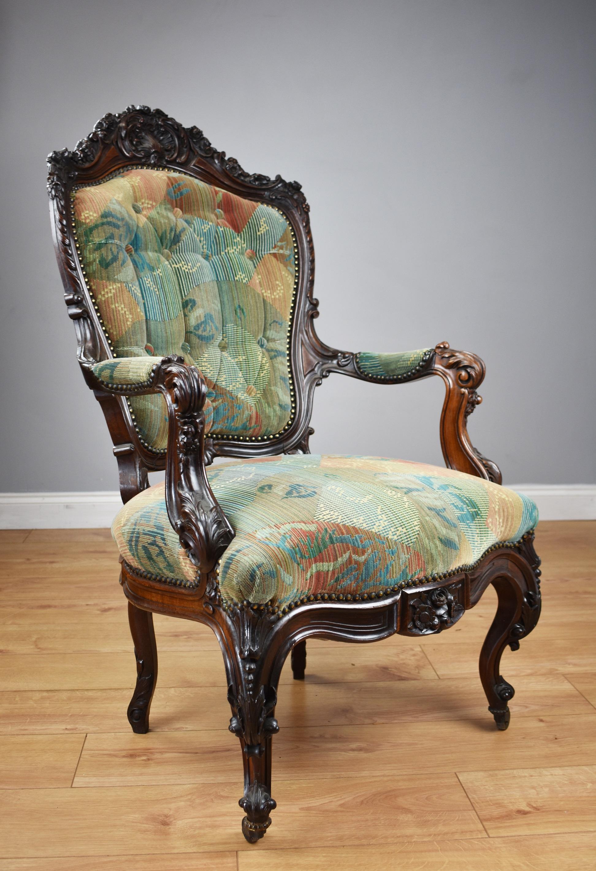 English 19th Century Victorian Rosewood Carved Armchair
