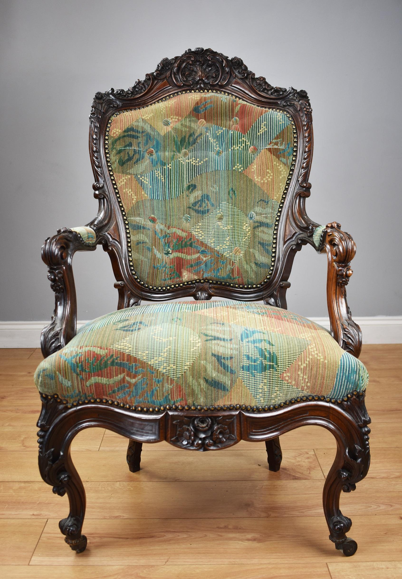 Hand-Carved 19th Century Victorian Rosewood Carved Armchair