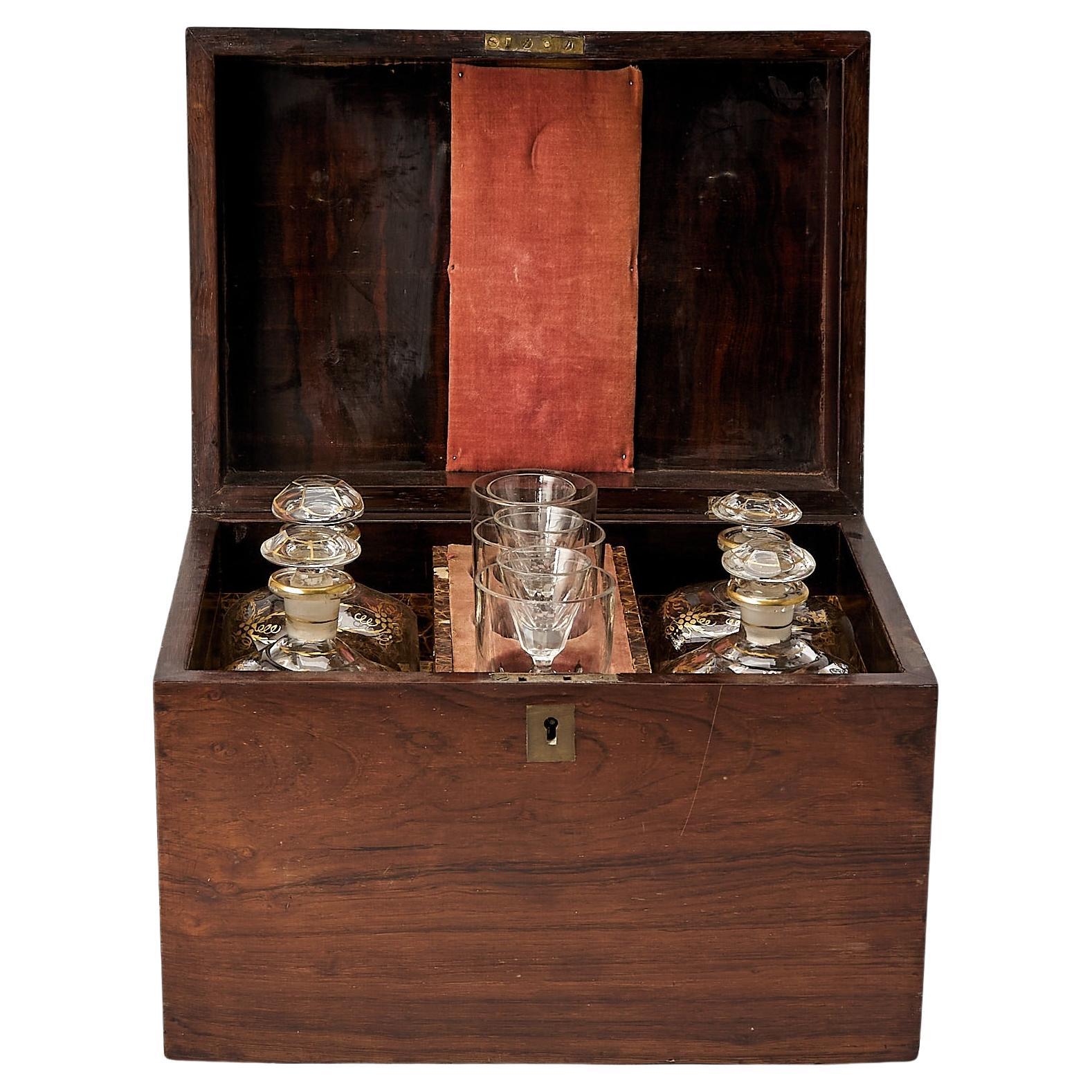 19th Century Victorian Rosewood Liquor Cave with Crystal Decanters 
Glassware For Sale