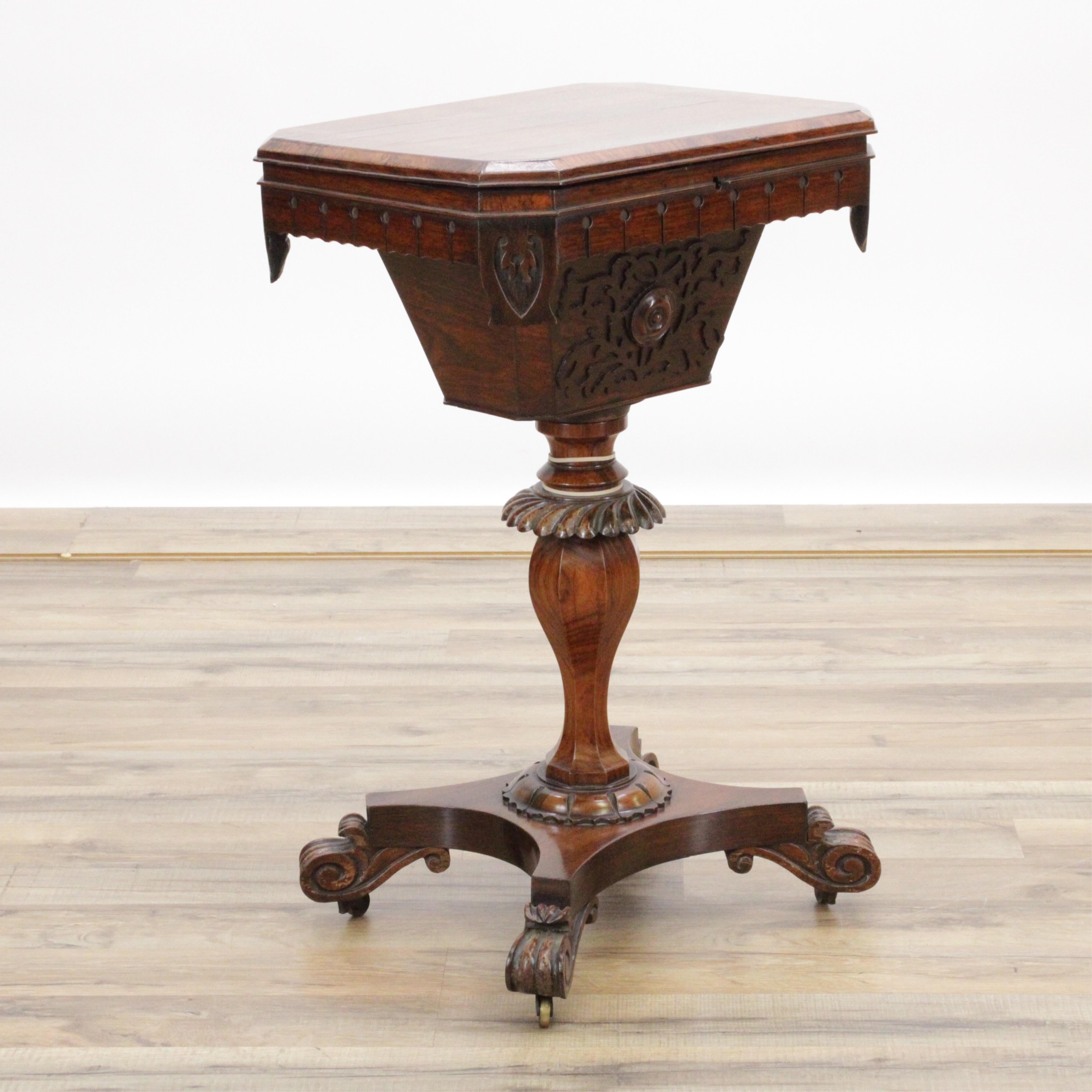 19th Century Early Victorian Rosewood sewing table
Lift top, applied and carved decoration.
Provenance: From the private collection of Steven Stark
Measures: 27.5