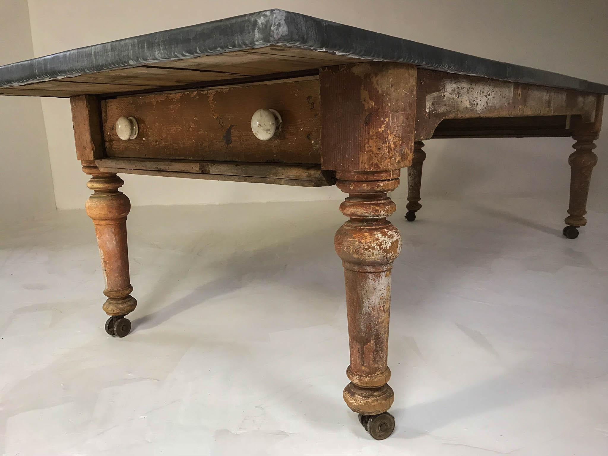 19th Century Victorian Rustic Dining Table with Aged Zinc Top 8