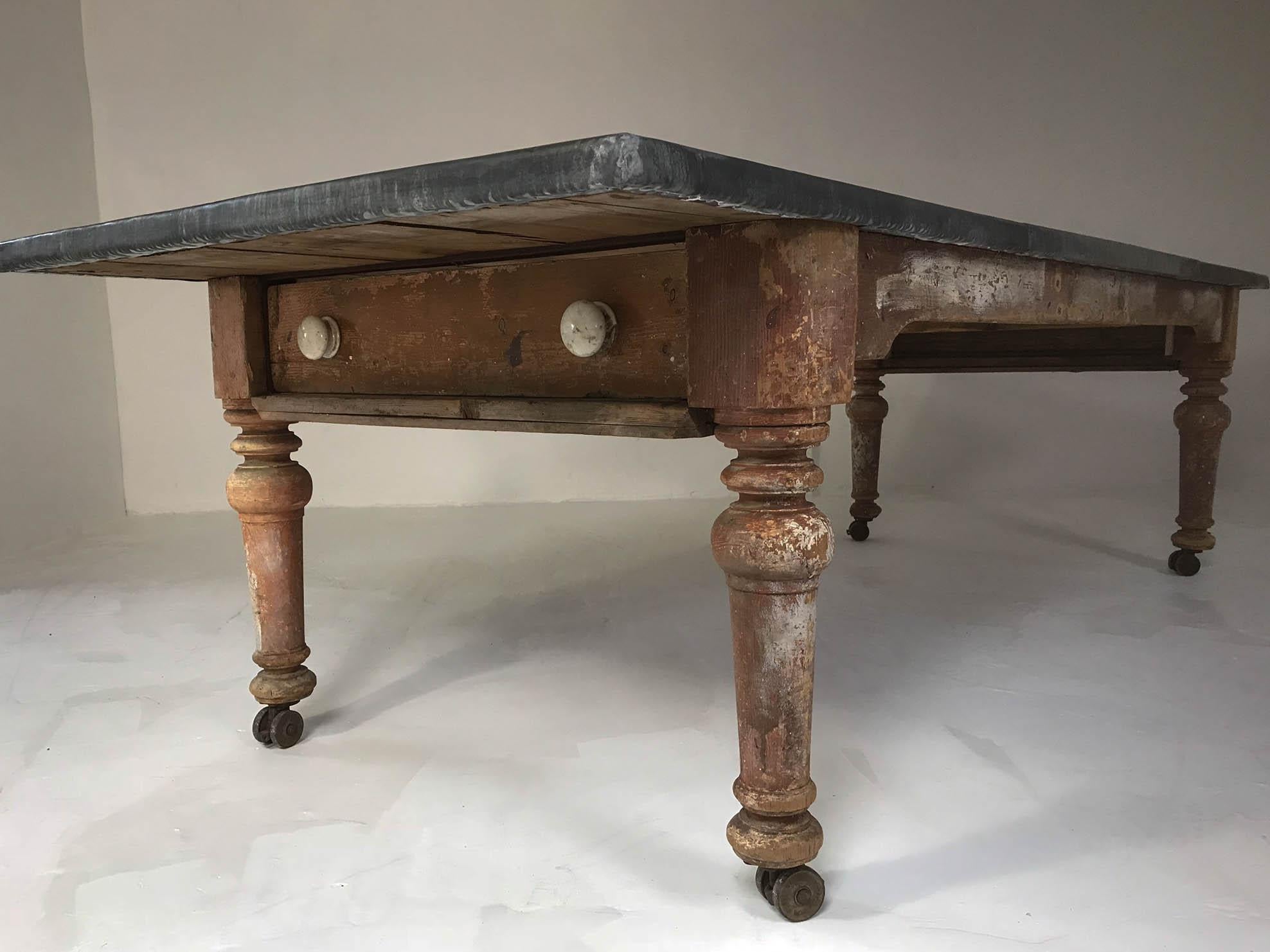 19th Century Victorian Rustic Dining Table with Aged Zinc Top 9