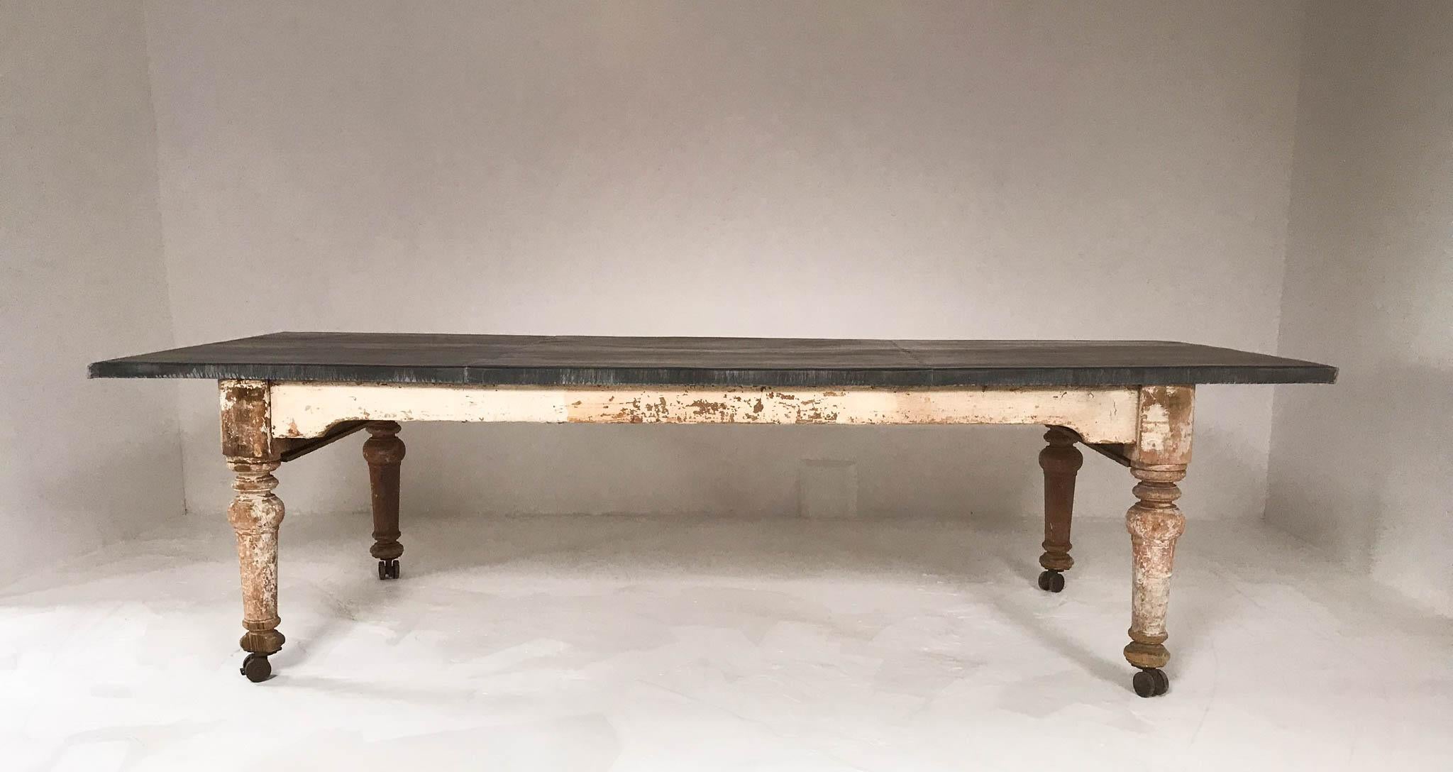 English 19th Century Victorian Rustic Dining Table with Aged Zinc Top