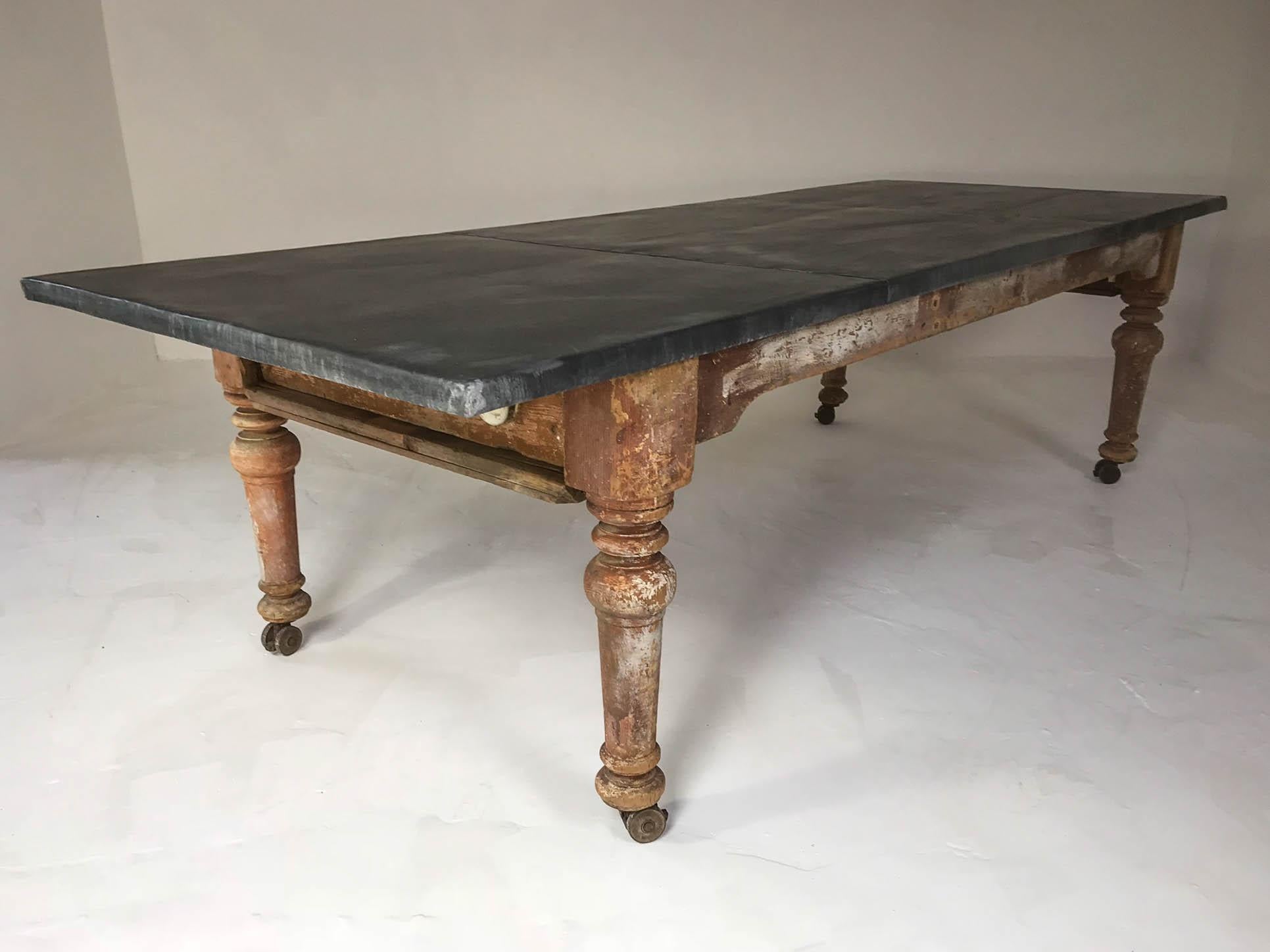 19th Century Victorian Rustic Dining Table with Aged Zinc Top 1