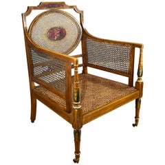 Antique 19th Century Victorian Satin Birch Hand Painted Cane Armchair by Howard & Sons