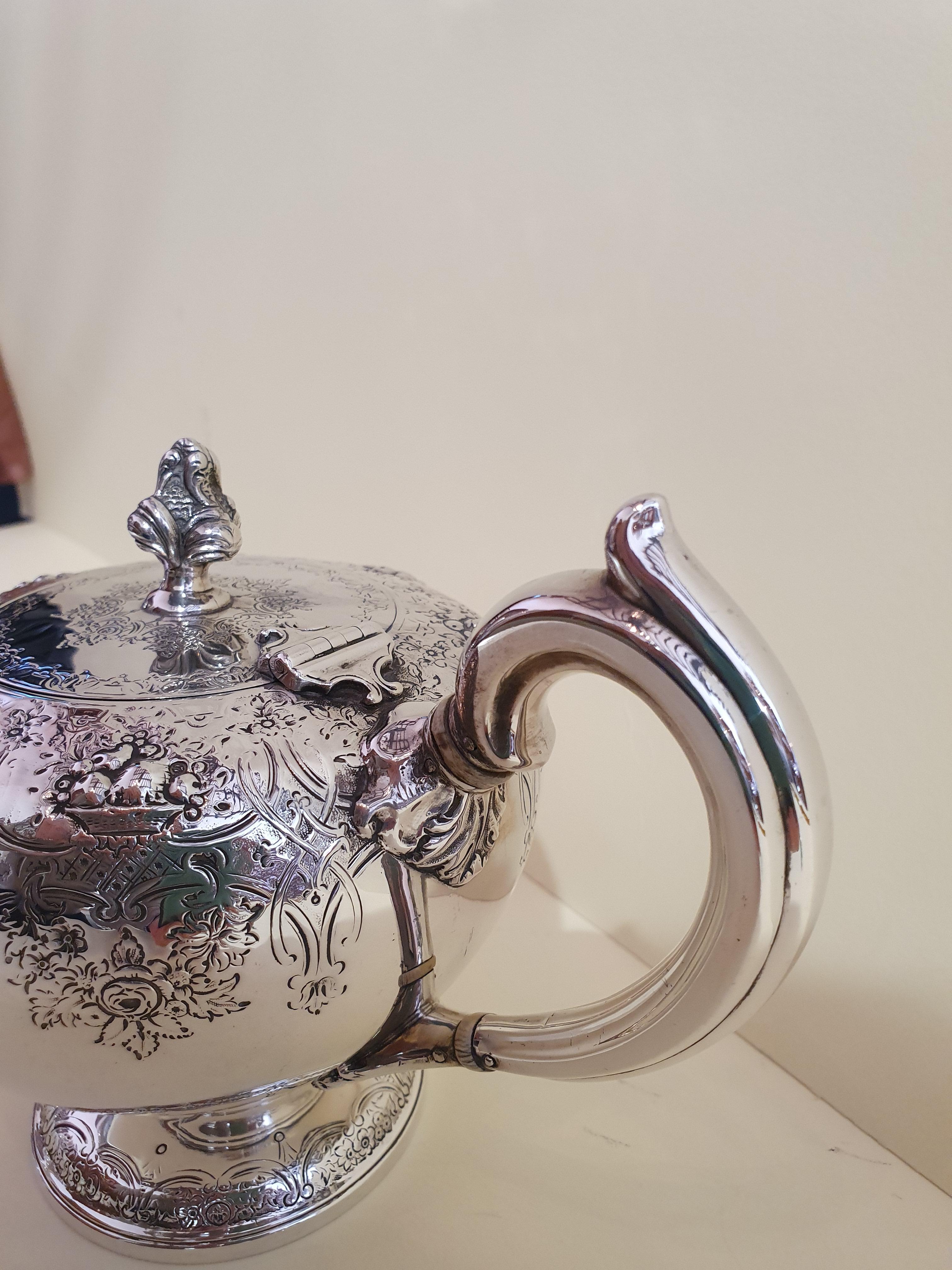 Engraved 19th Century Victorian Scottish Sterling Silver Teapot, Edinburgh, 1846