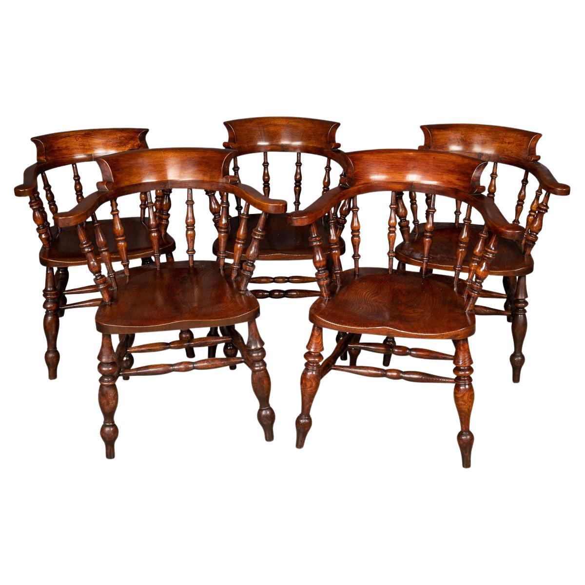 19th Century Victorian Set of Five Captains Elm Chairs, c.1870