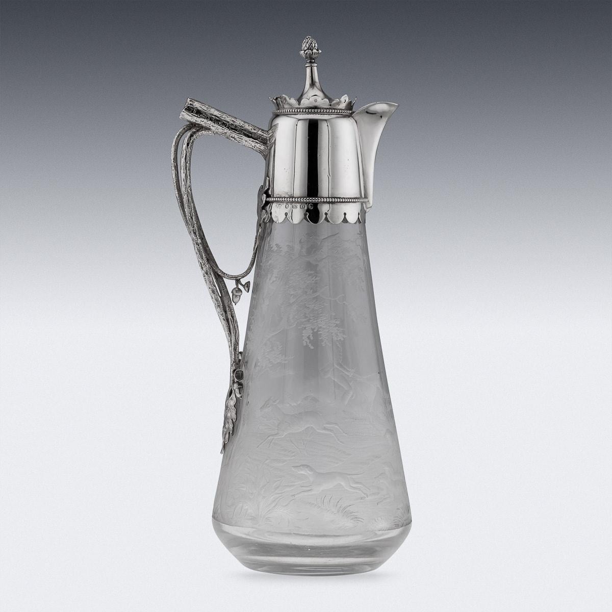 Late 19th Century 19th Century Victorian Silver & Glass Hunting Claret Jug, Elkington & Co, c.1887 For Sale