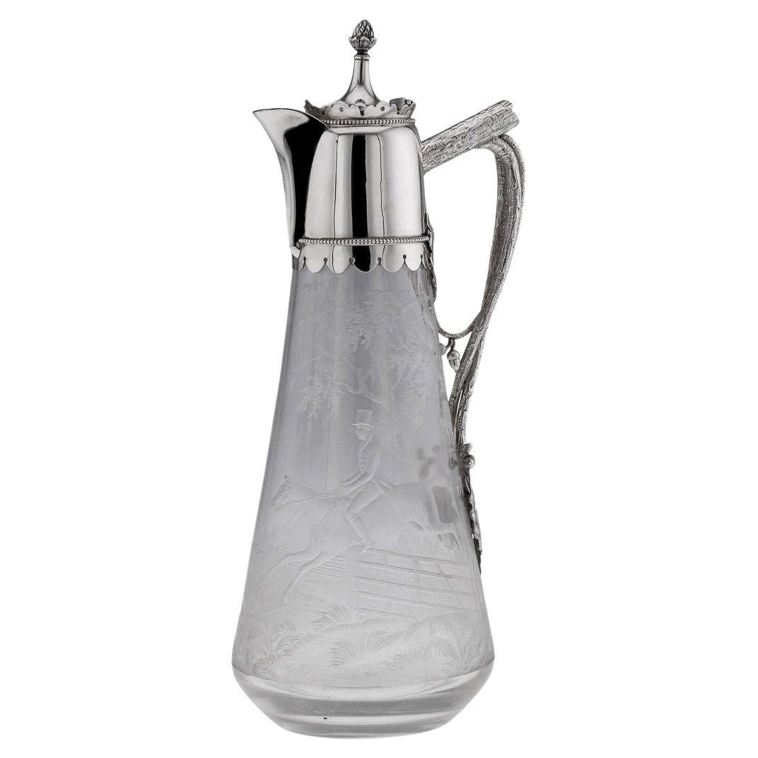 19th Century Victorian Silver & Glass Hunting Claret Jug, Elkington & Co, c.1887 For Sale