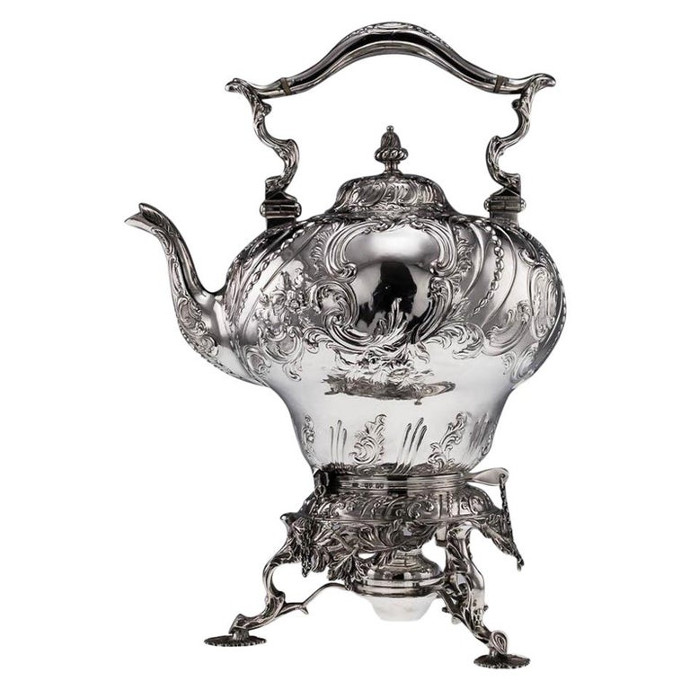 19th Century Victorian Silver Massive Tea Kettle Stand and Burner, circa 1855 For Sale