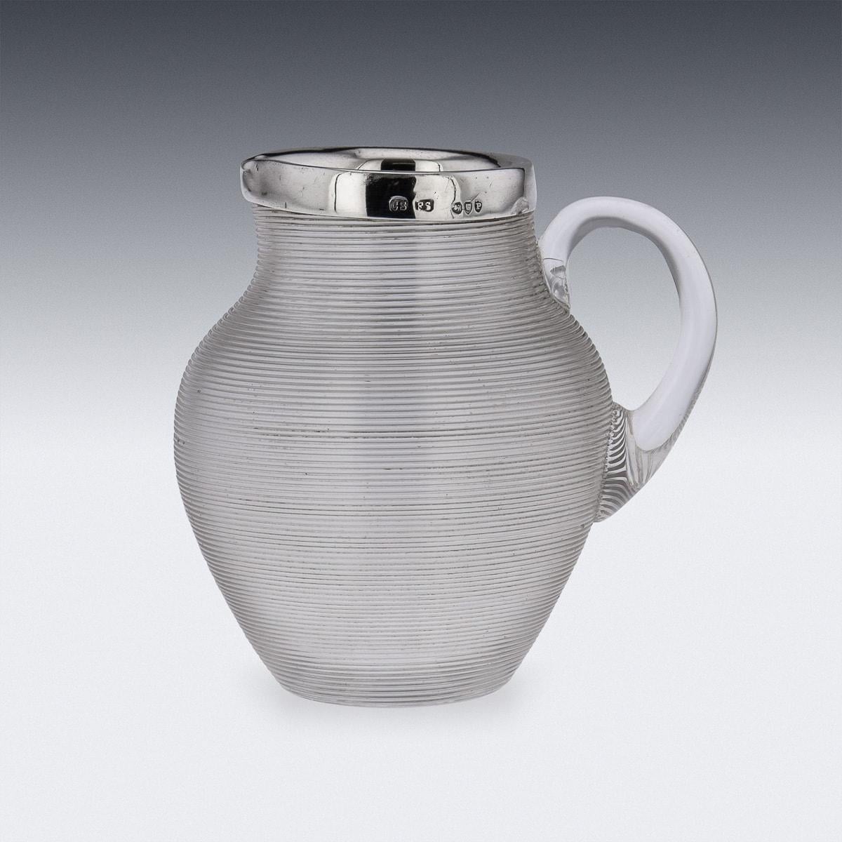 Antique 19th Century Victorian silver mounted and textured glass match striker in a shape of a cream jug, mounted with a plane silver collar. Hallmarked English silver, (925 standard), London, year 1890 (p), Maker CS FS (Cornelius Desormeaux