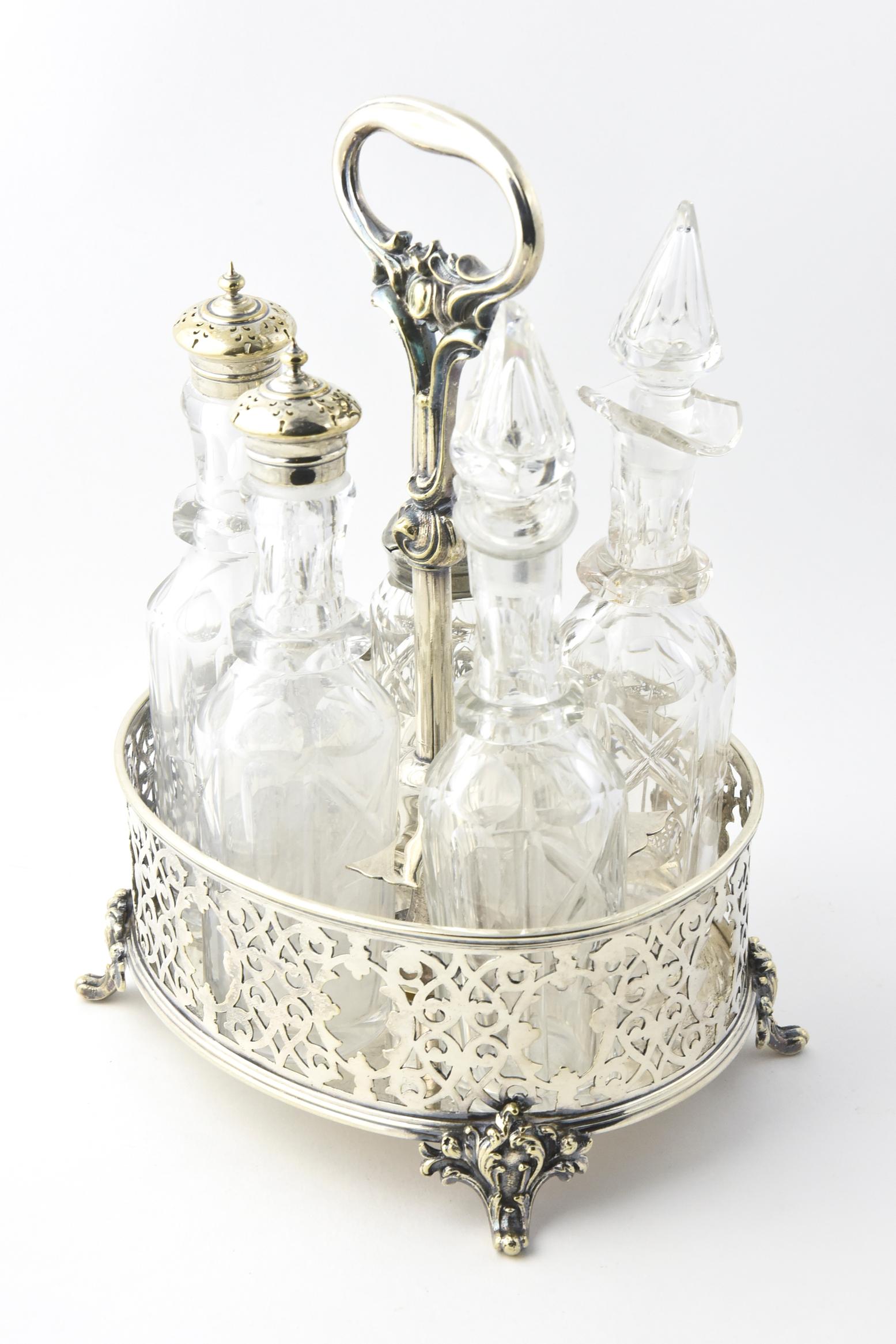 19th Century Victorian Silver-Plate and Crystal Bottle Castor Set of 6 Pieces In Good Condition In Miami Beach, FL