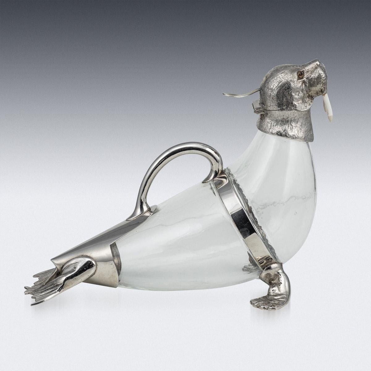 British 19th Century Victorian Silver Plate Mounted Novelty Walrus Claret Jug c.1880 For Sale