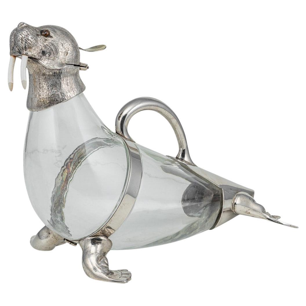 19th Century Victorian Silver Plate Mounted Novelty Walrus Claret Jug c.1880 For Sale