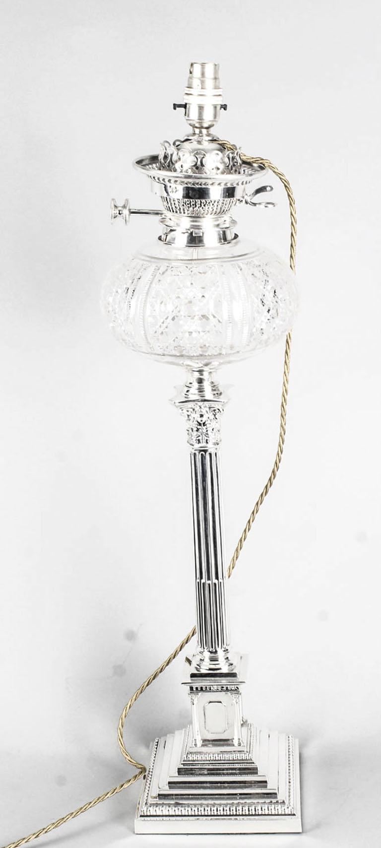 19th Century Victorian Silver Plated Corinthian Column Table Oil Lamp 5