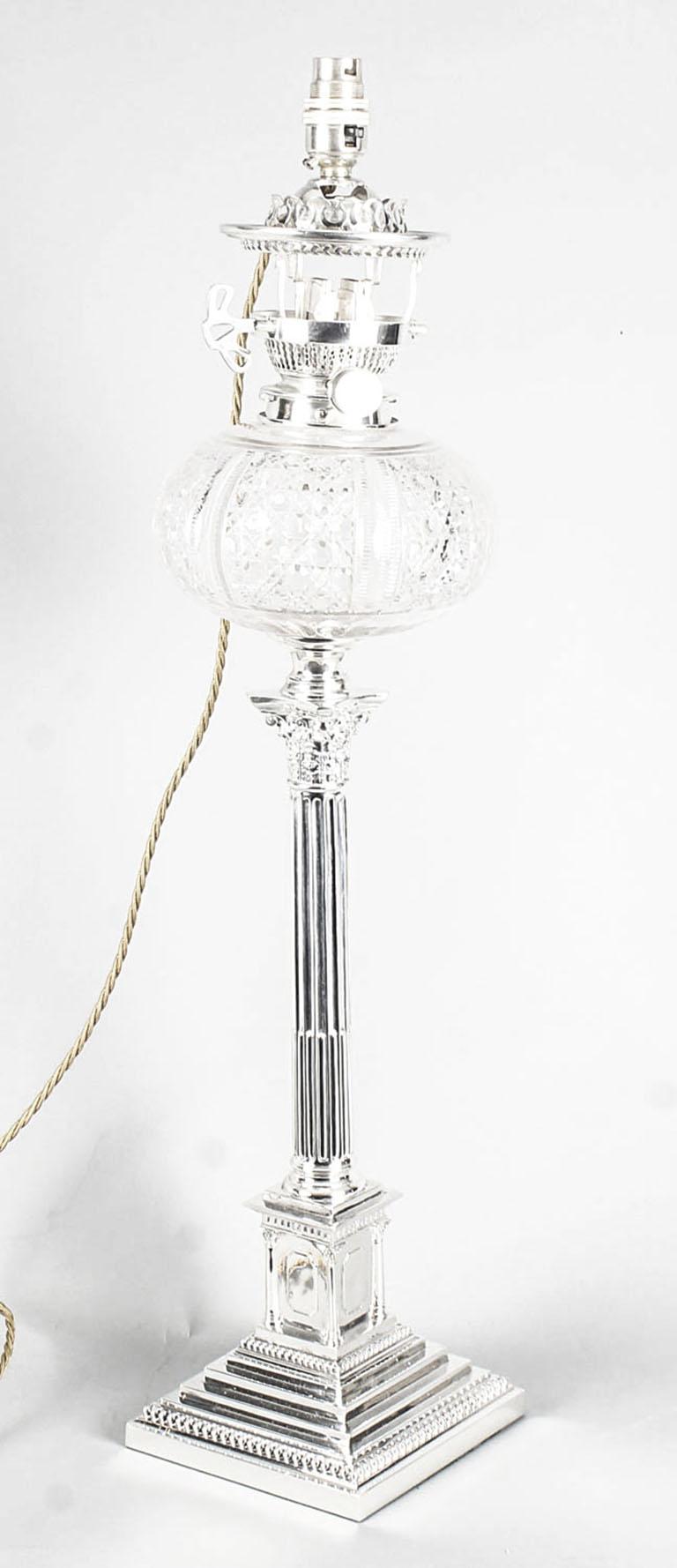 19th Century Victorian Silver Plated Corinthian Column Table Oil Lamp 6