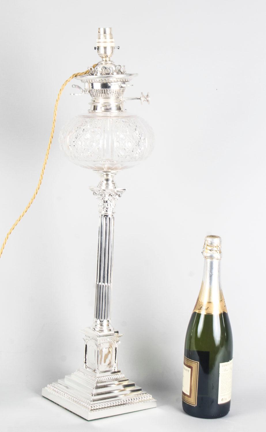 19th Century Victorian Silver Plated Corinthian Column Table Oil Lamp 9