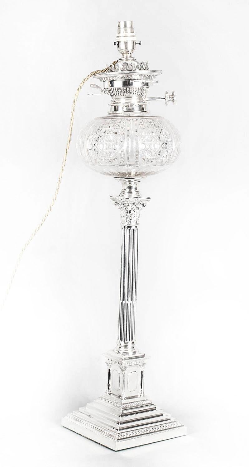 19th Century Victorian Silver Plated Corinthian Column Table Oil Lamp 10