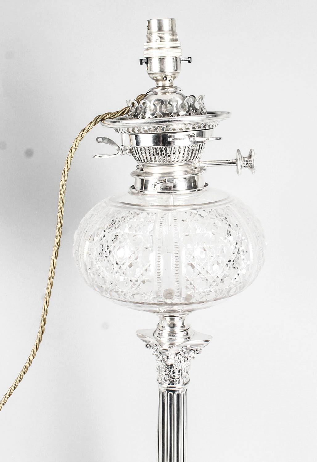 Late 19th Century 19th Century Victorian Silver Plated Corinthian Column Table Oil Lamp