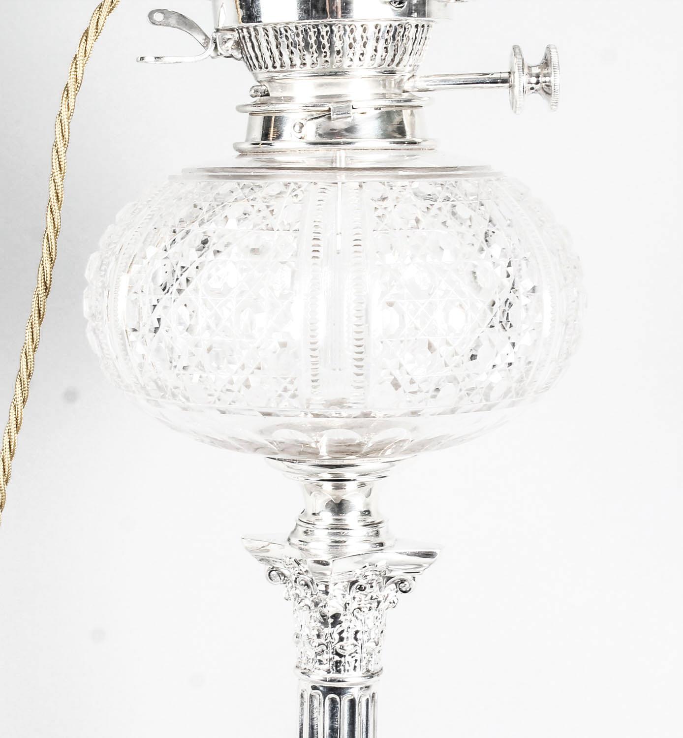 19th Century Victorian Silver Plated Corinthian Column Table Oil Lamp 1