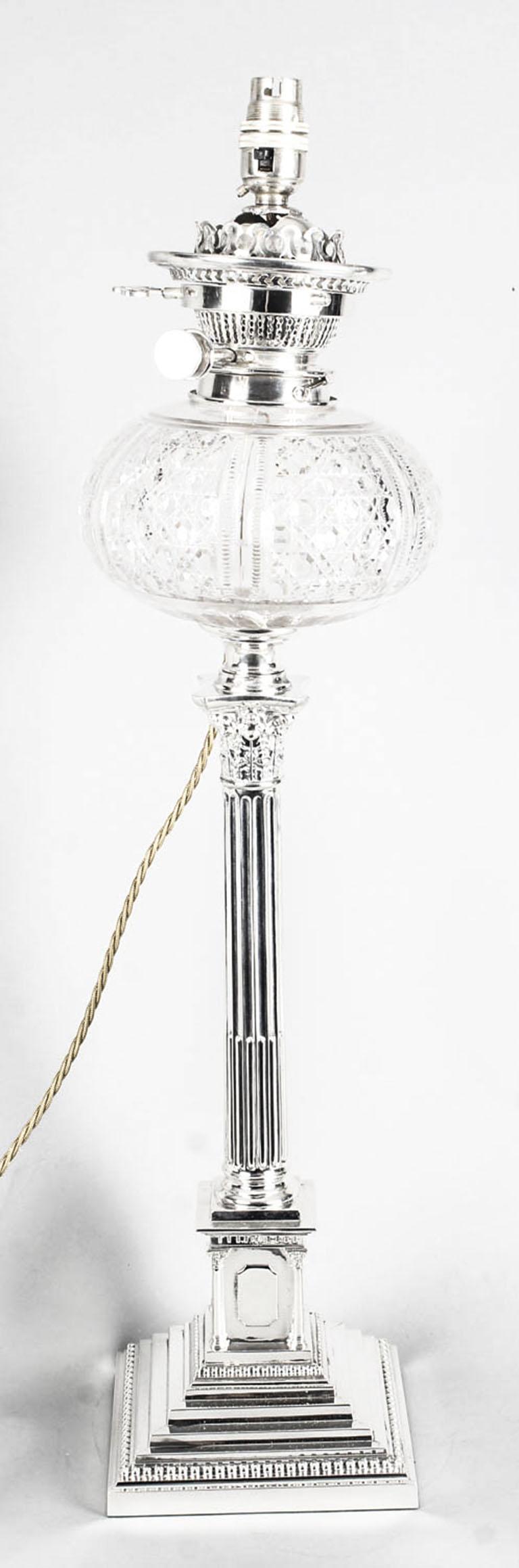 19th Century Victorian Silver Plated Corinthian Column Table Oil Lamp 2