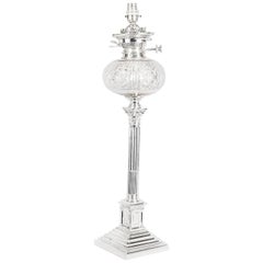 Antique 19th Century Victorian Silver Plated Corinthian Column Table Oil Lamp
