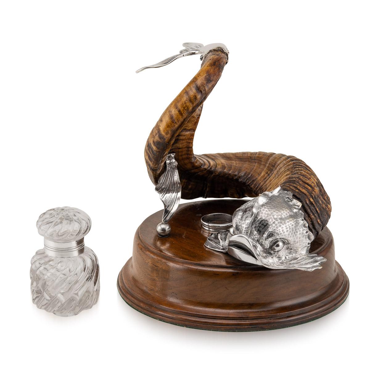 19th Century Victorian silver plate mounted rams horn inkwell in a shape of a dolphin on mahogany wood base set with a swirl glass inkwell bottle with a hinged lid. Hallmarked MH&CO (Martin, Hall & Co Ltd).

CONDITION
In great condition - no