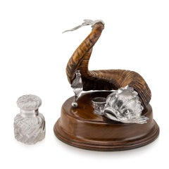 19th Century Victorian Silver Plated & Horn Dolphin Shaped Inkwell, C.1880