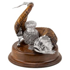 19th Century Victorian Silver Plated & Horn Dolphin Shaped Inkwell, C.1880