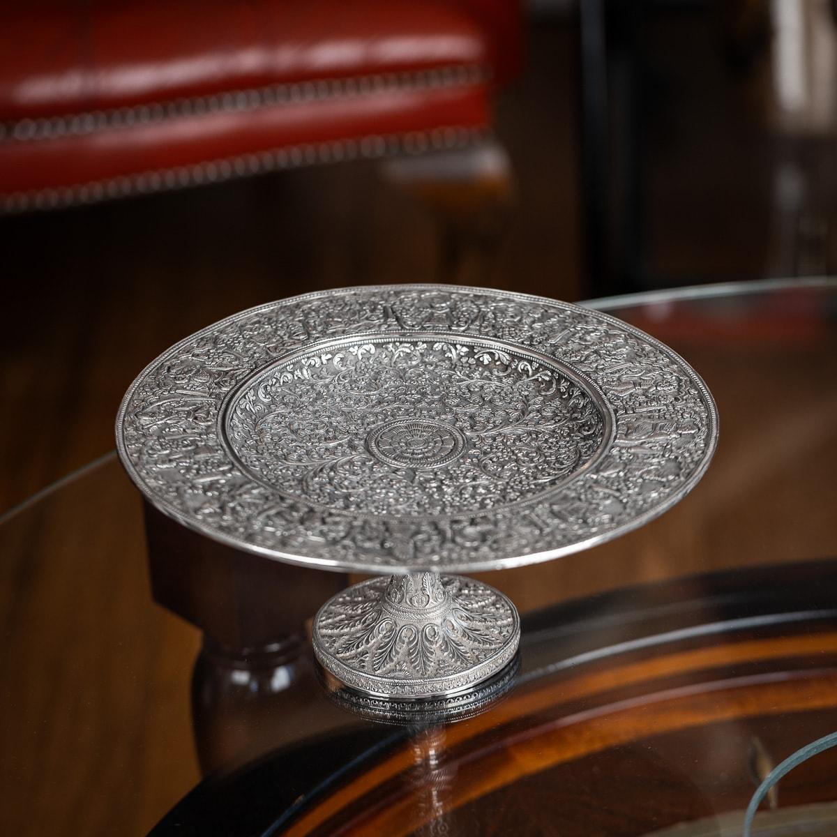 Antique 19th Century Victorian electroplated tazza, a copy of an important piece made in India (Kutch), Bhuj, Gujarat region. On a raised base, the baluster foot spreading into a skirting of hanging palmettes to support a shallow tazza, the border