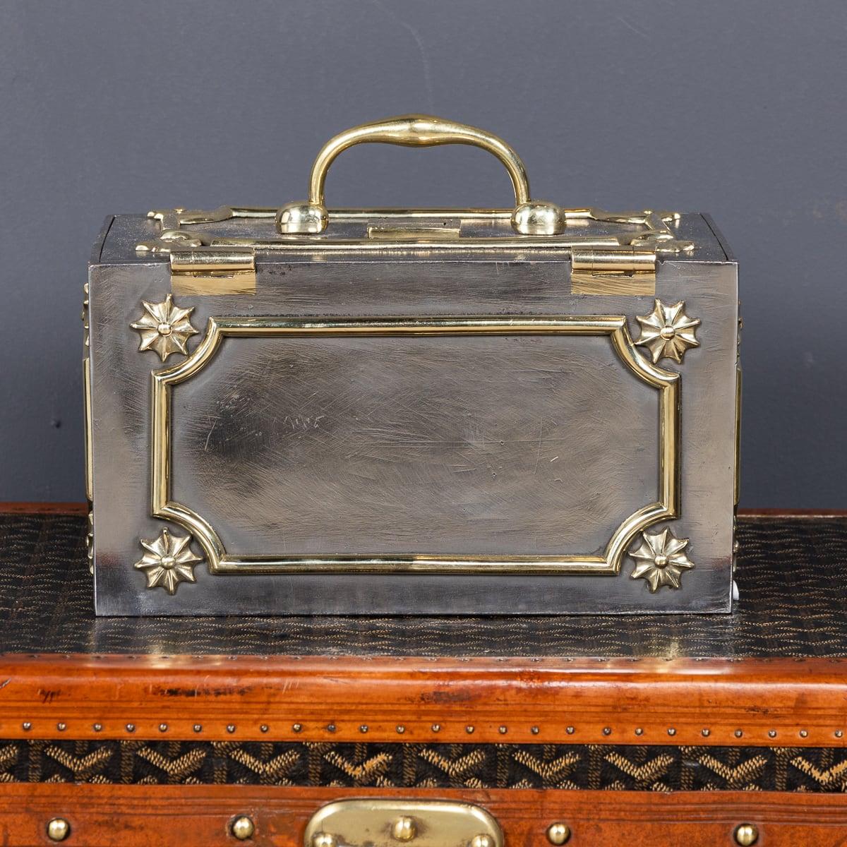 British 19th Century Victorian Small Cast Iron With Brass Decoration Strong Box c.1890