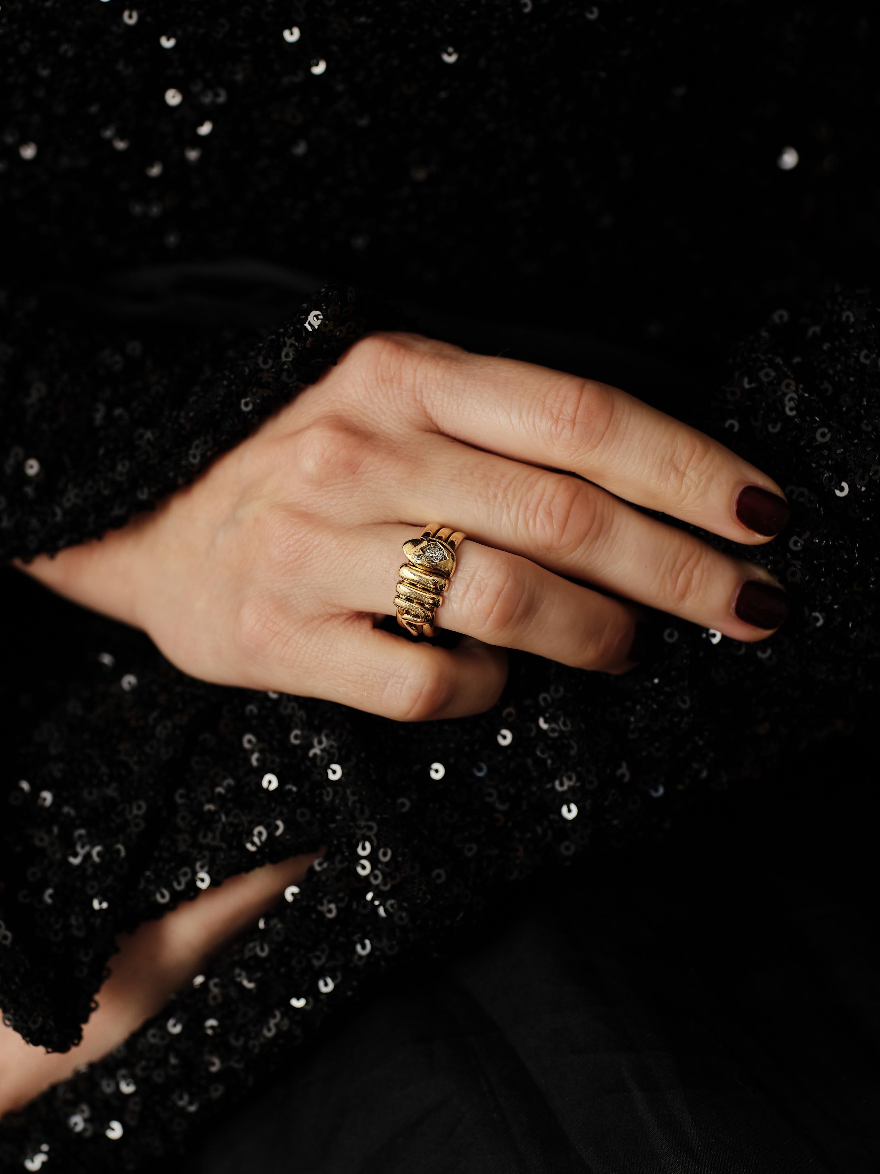 Victorian snake ring set with a old mine cushion cut diamond of approximately 0.18ct H/VS.

Health, wisdom, eternity, everlasting love or venomous prowess? The serpent has had many meanings and long been a powerful symbol. Mother nature have been