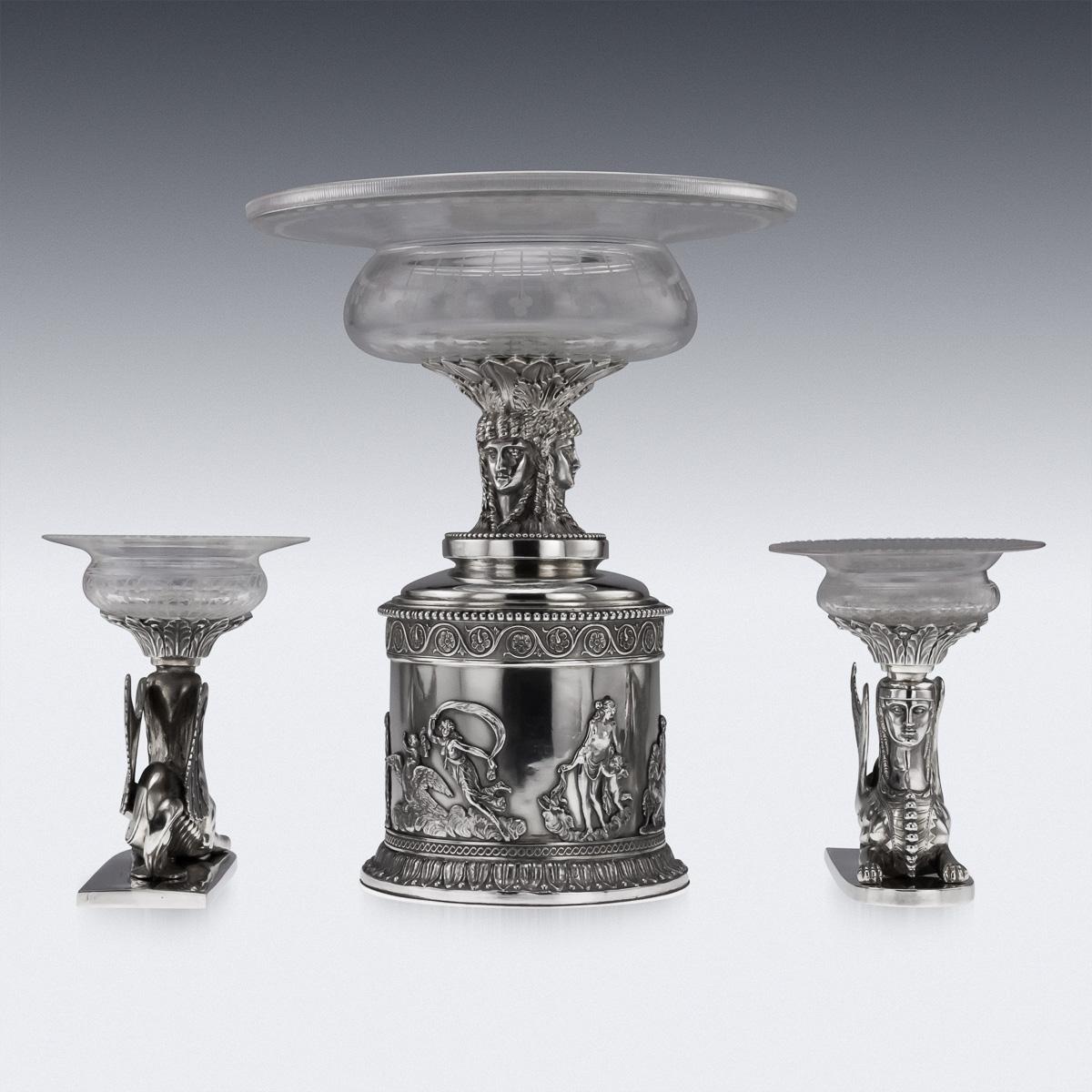 Egyptian Revival 19th Century Victorian Solid Silver 3-Piece Centerpiece Garniture, Stephen Smith For Sale