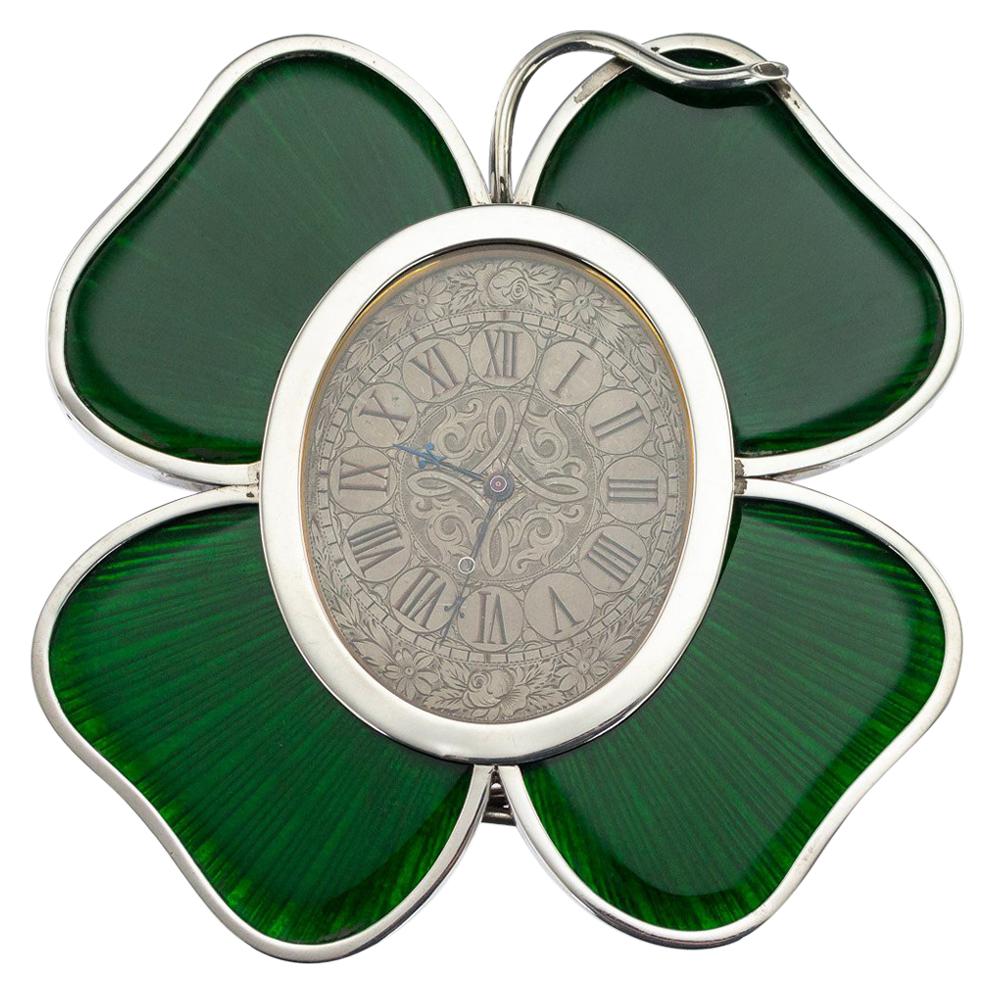 19th Century Victorian Solid Silver and Enamel Lucky Clover Clock, circa 1896