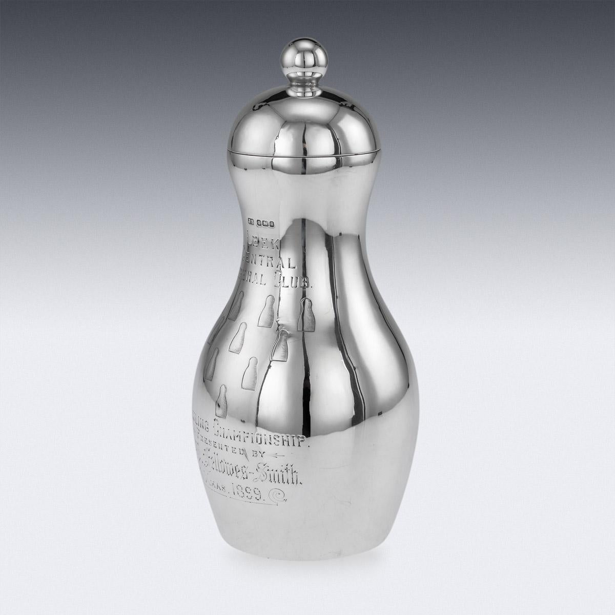 Antique late-19th century Victorian solid silver novelty cocktail shaker, in a form of a bowling pin, engraved with ten 'pins' and inscribed Leek Central Liberal Club Bowling Championship, Presented by J P Fellows-Smith, Xmas 1899, domed cover with