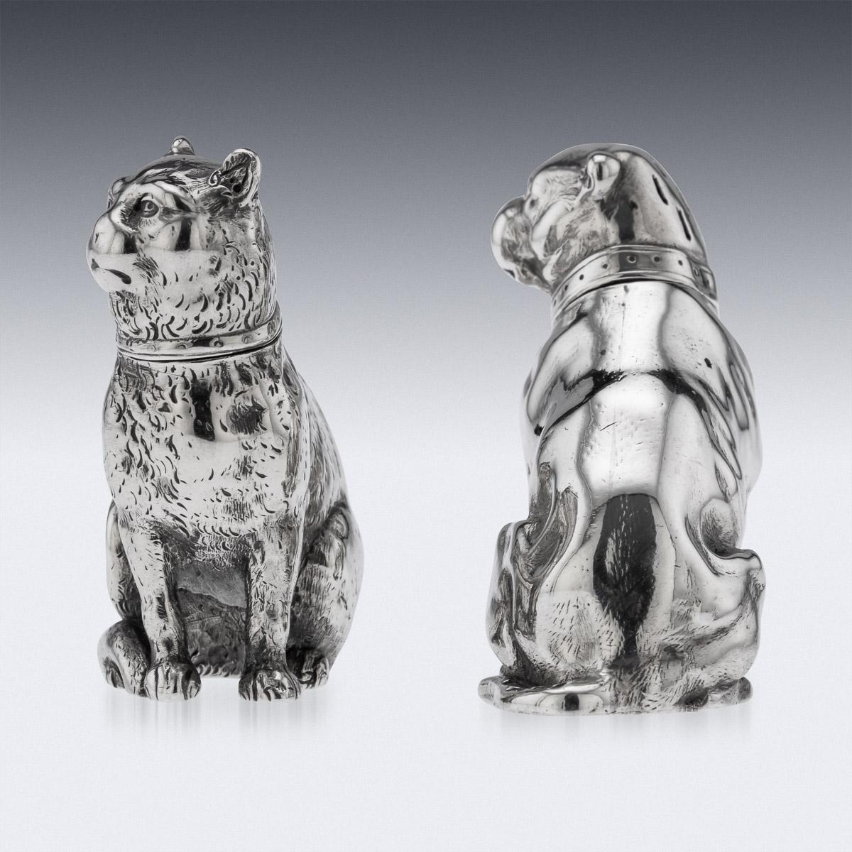 19th Century Victorian pair of novelty cast solid silver table salt & pepper, realistically modelled as a seated cat and dog, with pull off heads. Both hallmarked English silver (925 standard), London, year 1876 (A), Maker EHS (Edward H