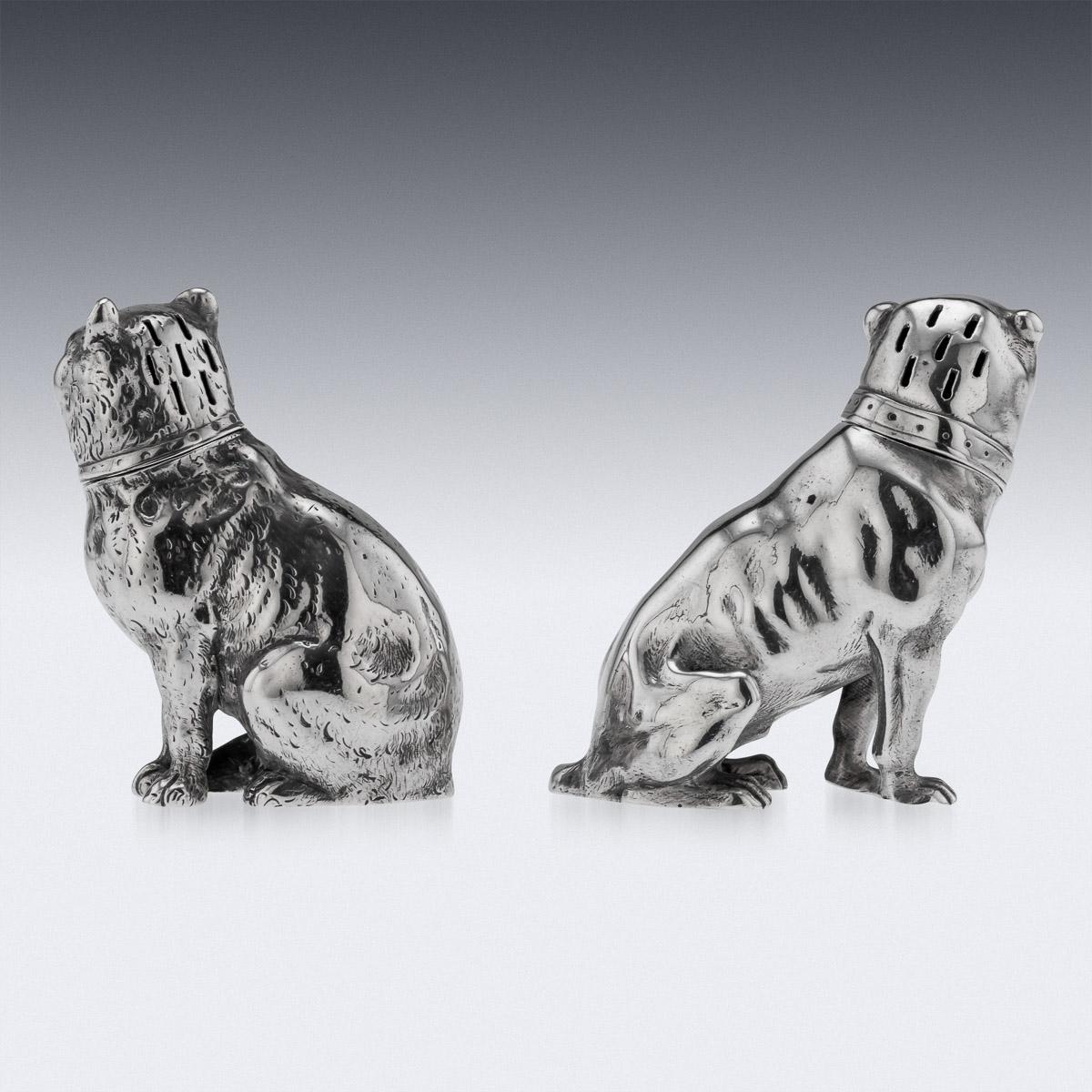 English 19th Century Victorian Solid Silver Cat & Dog, Salt & Pepper, London, c.1876