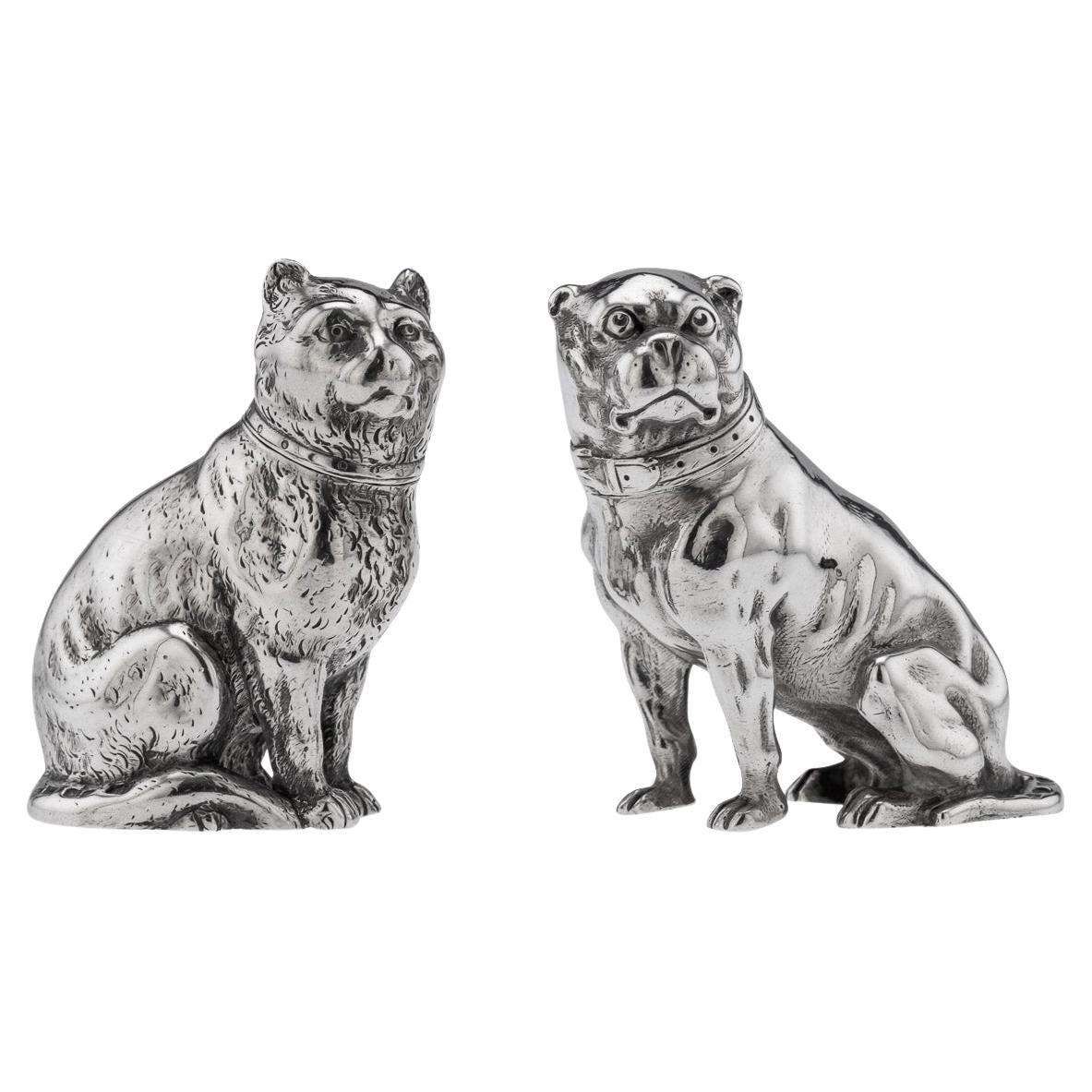 19th Century Victorian Solid Silver Cat & Dog, Salt & Pepper, London, c.1876