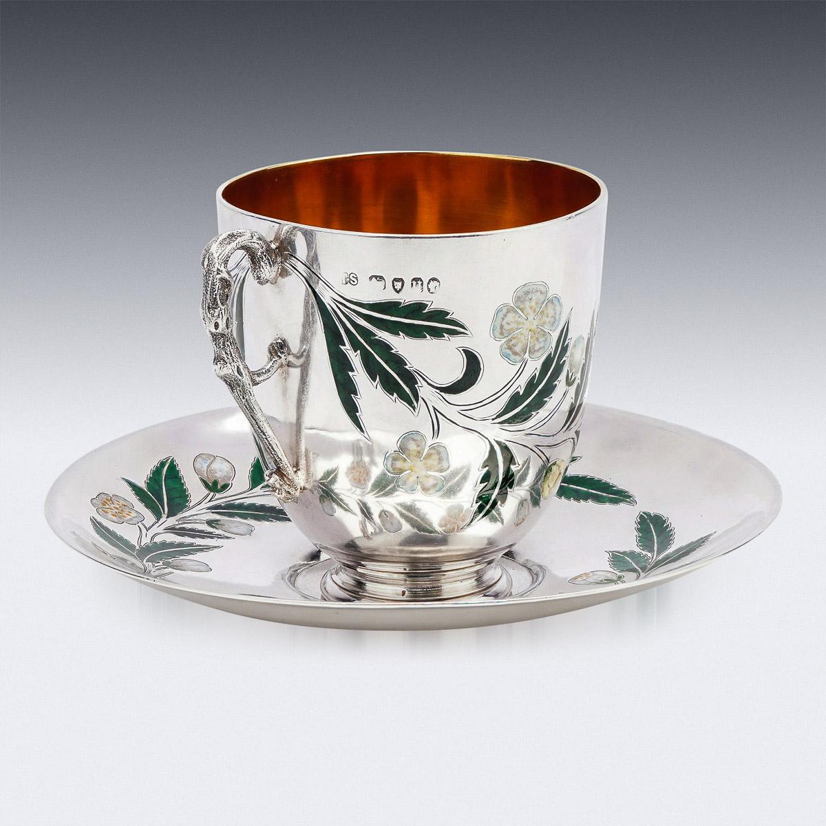 British 19th Century Victorian Solid Silver & Champleve Enamel Tea Cup and Sauce, c.1875 For Sale
