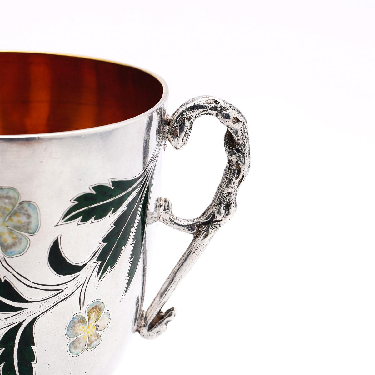 19th Century Victorian Solid Silver & Champleve Enamel Tea Cup and Sauce, c.1875 For Sale 2