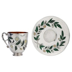 19th Century Victorian Solid Silver & Champleve Enamel Tea Cup and Sauce, c.1875
