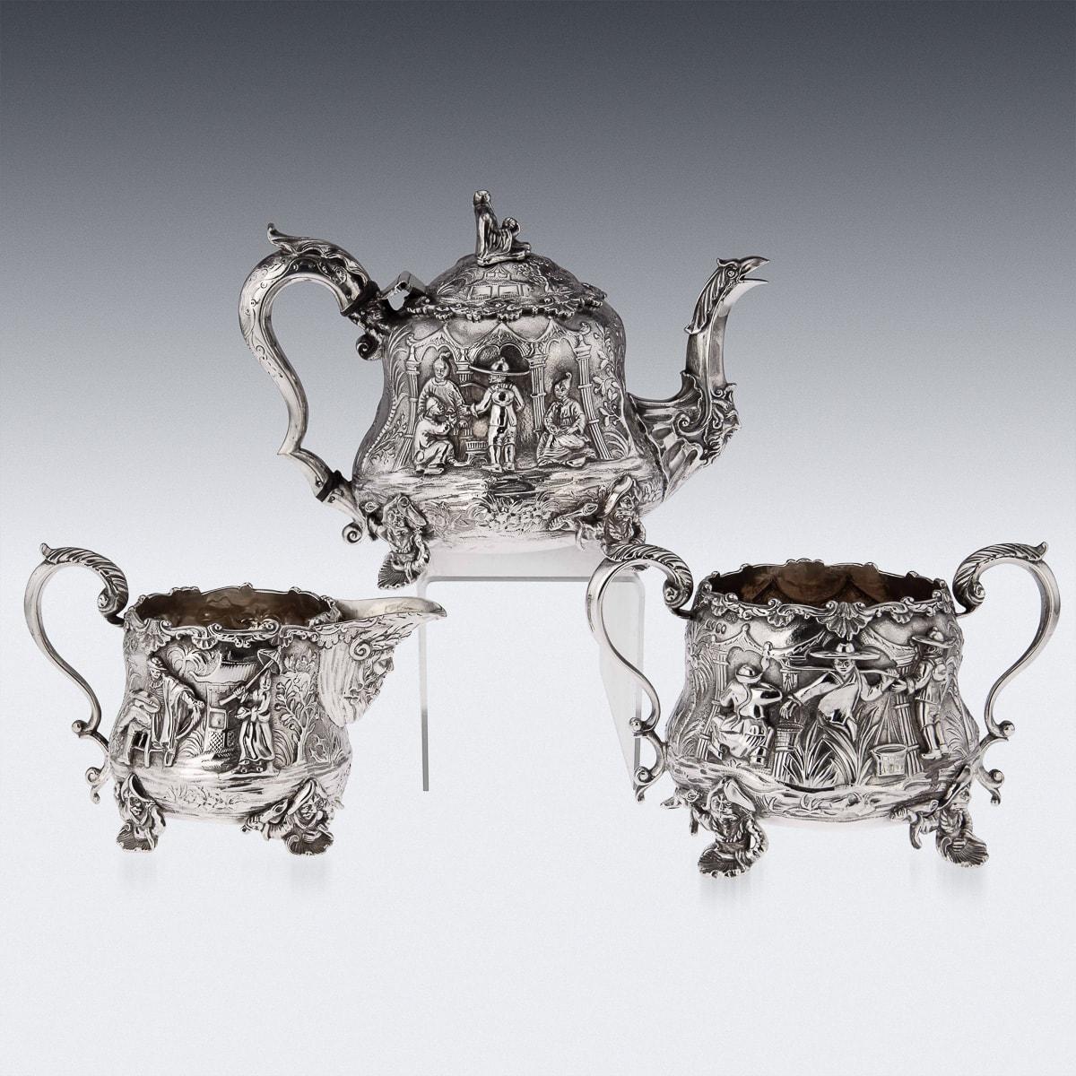 British 19th Century Victorian Solid Silver Chinoiserie Style Tea Set, E Farrell, c.1838