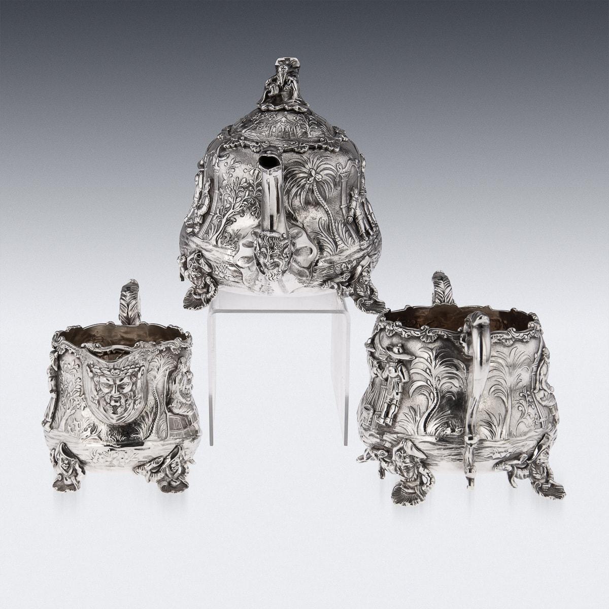 19th Century Victorian Solid Silver Chinoiserie Style Tea Set, E Farrell, c.1838 In Good Condition In Royal Tunbridge Wells, Kent