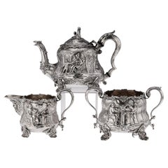 Antique 19th Century Victorian Solid Silver Chinoiserie Style Tea Set, E Farrell, c.1838