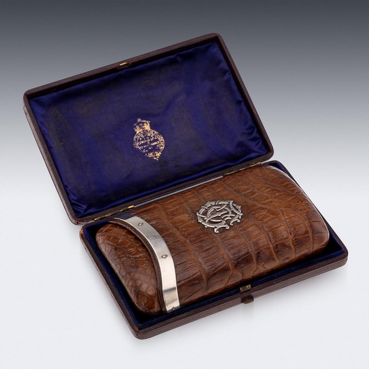 British 19th Century Victorian Solid Silver Crocodile Leather Cigar Case, Asprey c.1878 For Sale