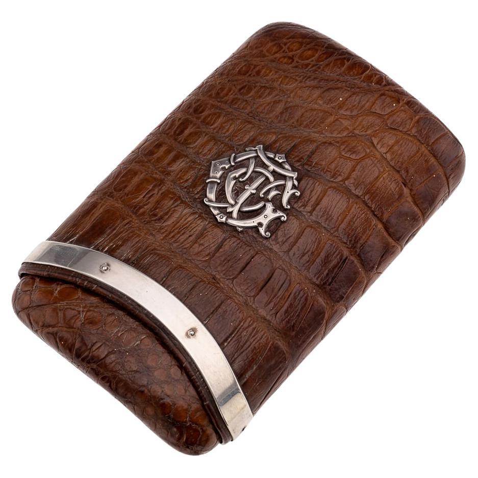 19th Century Victorian Solid Silver Crocodile Leather Cigar Case, Asprey c.1878