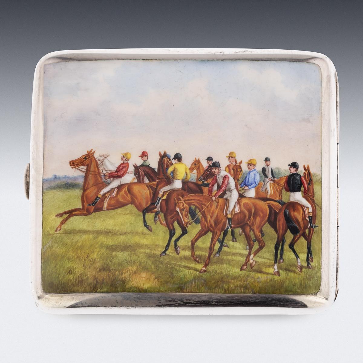 Antique late-19th Century Victorian solid silver & enamel cigarette case, of slightly curved rectangular form with rounded corners, depicting horses mounted with jockeys at the start of a race and richly parcel gilt interior. Both sides are